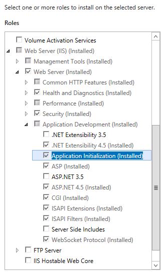 Captura de pantalla que muestra la característica De inicialización de la aplicación instalada en Windows Server 2012.
