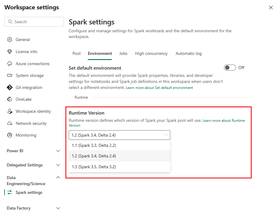Captura de pantalla que muestra cómo actualizar la versión de runtime.