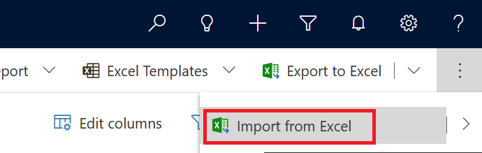 Captura de pantalla del botón de puntos suspensivos seleccionado para revelar la opción Importar desde Excel.