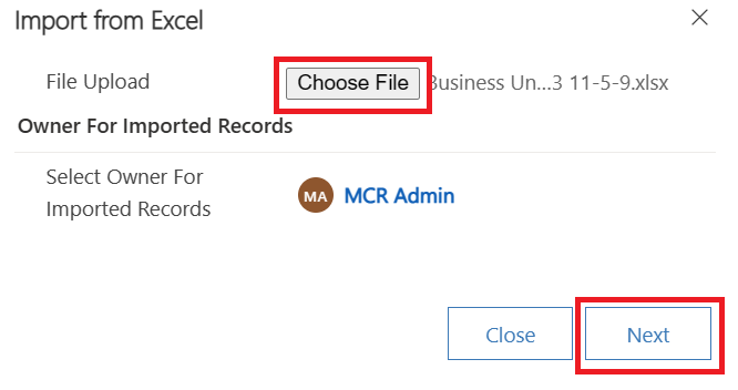 Captura de pantalla de Importar desde Excel con la opción Cargar archivo seleccionada.
