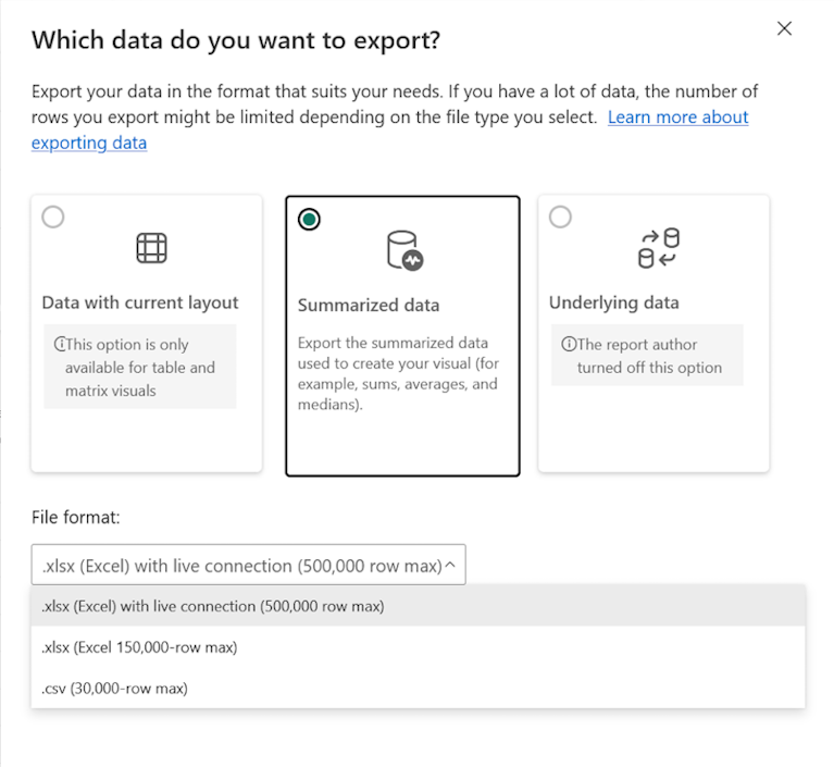 La imagen muestra el formato de datos resumidos para exportar datos.