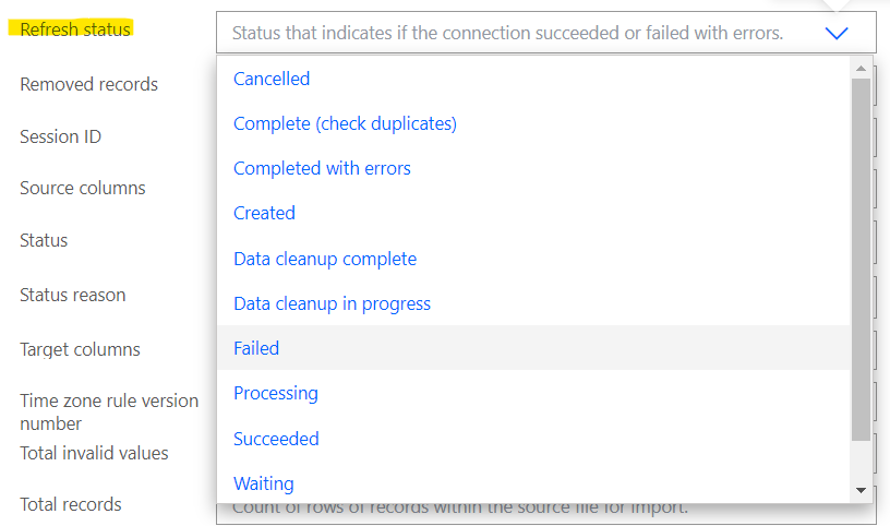 Captura de pantalla que muestra cómo configurar el campo Estado de actualización del registro Actualización de conexión como Con error en un flujo de Power Automate.