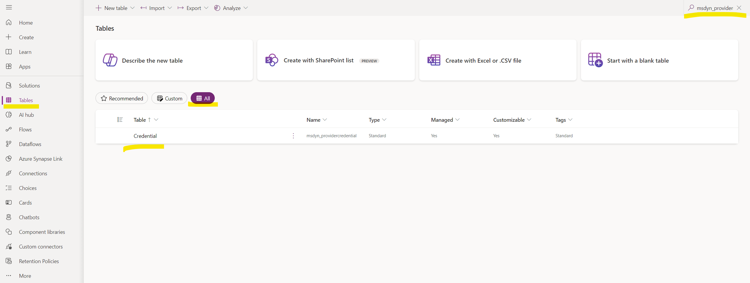 Captura de pantalla que muestra la columna Credencial en la tabla msdyn_providercredential.