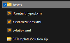 Captura de pantalla que muestra la carpeta y los archivos en el archivo ZIP de un conector de plantilla de Power Query.