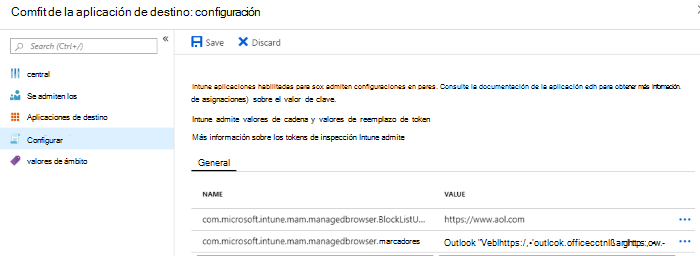 Configuración de la aplicación de destino