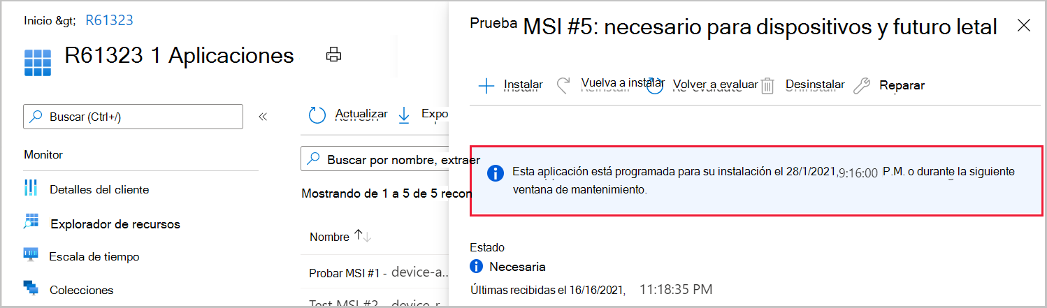 Captura de pantalla que muestra detalles sobre las fechas límite necesarias para las aplicaciones en el Centro de administración de Microsoft Intune