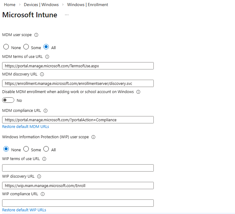 Captura de pantalla que muestra el ámbito de usuario de MDM Microsoft Entra.