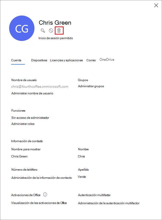 Captura de pantalla que muestra cómo eliminar un usuario en el Centro de administración de Microsoft 365.