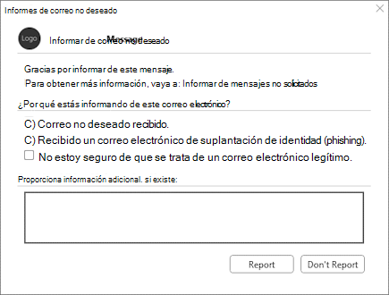 Cuadro de diálogo de preprocesamiento de ejemplo de un complemento de informes de correo no deseado en Outlook en la Web y versiones compatibles de Outlook en Windows (clásico y nuevo). El vínculo especificado en el elemento **\<MoreInfo\>** se antepone al texto estático, 