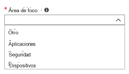 la lista de áreas de enfoque, como Otras, Aplicaciones y Seguridad.