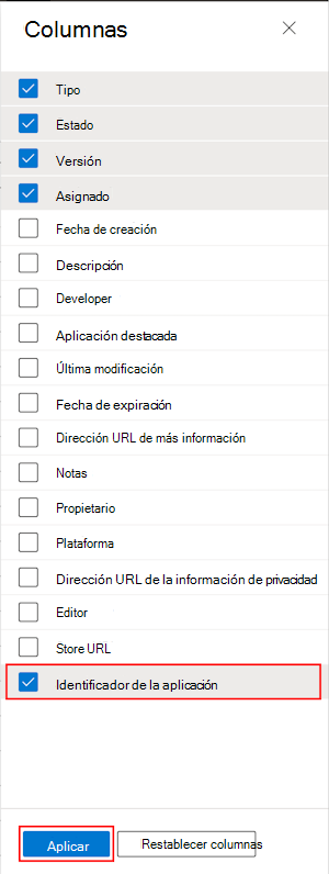 Captura de pantalla que muestra cómo seleccionar la columna Id. de lote de aplicaciones en Todas las aplicaciones de Microsoft Intune y el Centro de administración de Intune.