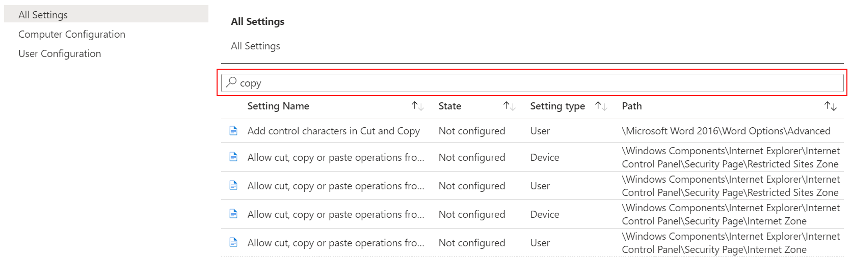 Busque copiar para mostrar toda la configuración del dispositivo en plantillas administrativas en Microsoft Intune y el Centro de administración de Intune.