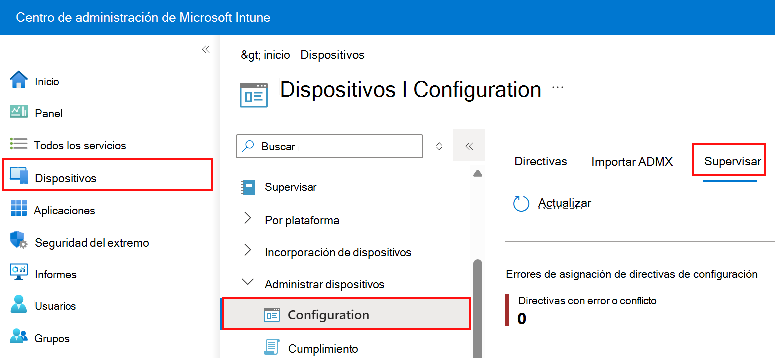 Captura de pantalla que muestra cómo seleccionar la pestaña Supervisión en los perfiles de configuración de dispositivos en Microsoft Intune y el Centro de administración de Intune.