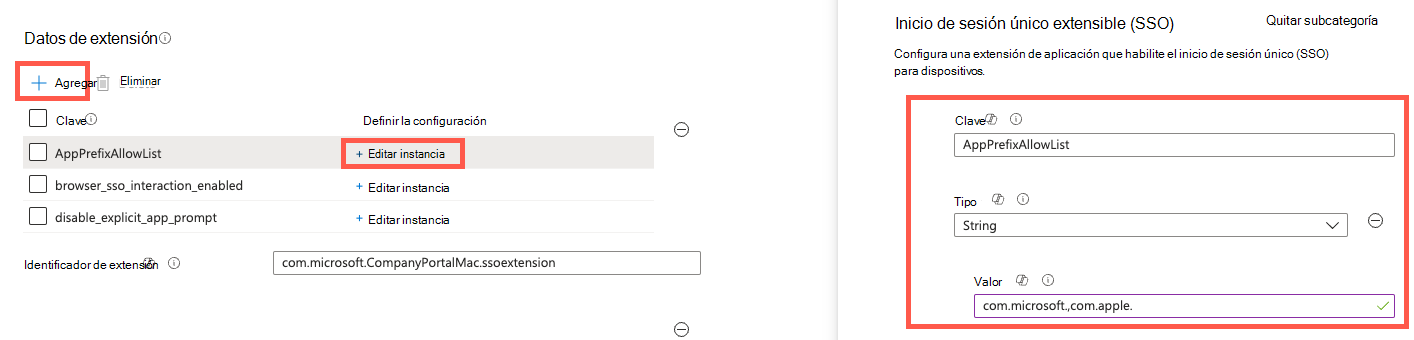 Captura de pantalla que muestra cómo configurar la configuración de datos de extensión, como AppPrefixAllowList.