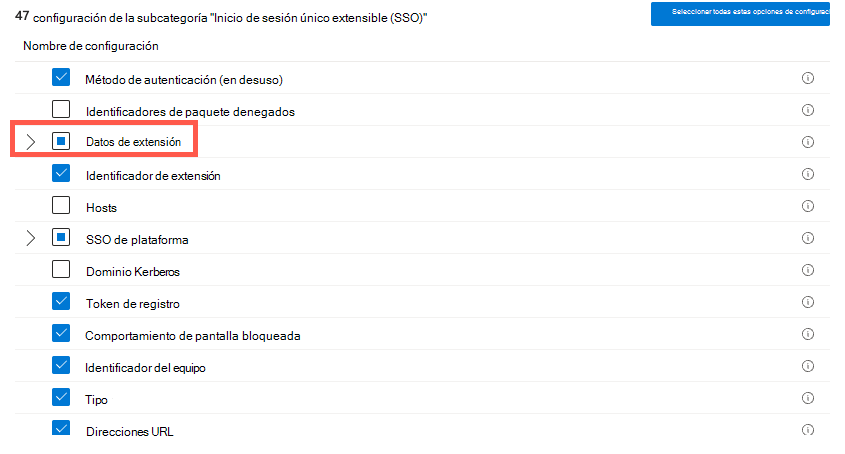 Captura de pantalla que muestra el selector configuración del catálogo de configuración y la selección de la autenticación y los datos de extensión en Microsoft Intune.