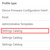 Captura de pantalla que muestra cómo abrir el catálogo de configuración en Microsoft Intune y el Centro de administración de Intune.