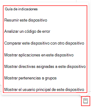 Captura de pantalla que muestra la guía de avisos de Copilot después de seleccionar un dispositivo en Microsoft Intune o en el Centro de administración de Intune.