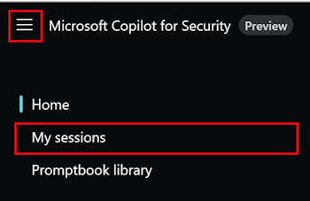 Captura de pantalla que muestra el menú Microsoft Copilot for Security y Mis sesiones con sesiones anteriores en el portal de Copilot for Security.