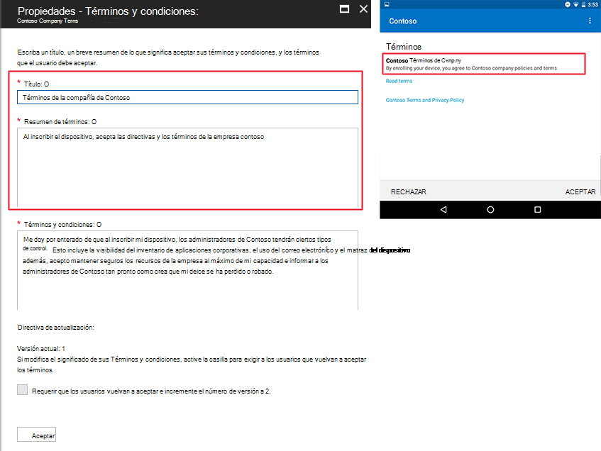 Imagen de ejemplo de los términos redactados en Intune y, a continuación, su aspecto en Portal de empresa.