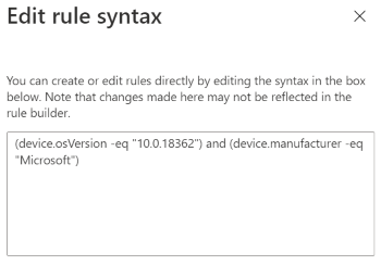 Captura de pantalla que muestra cómo usar el generador de expresiones para escribir la sintaxis de regla en Microsoft Intune.