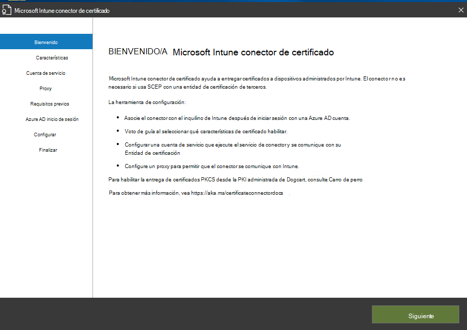Página de bienvenida del asistente Certificate Connector para Microsoft Intune.