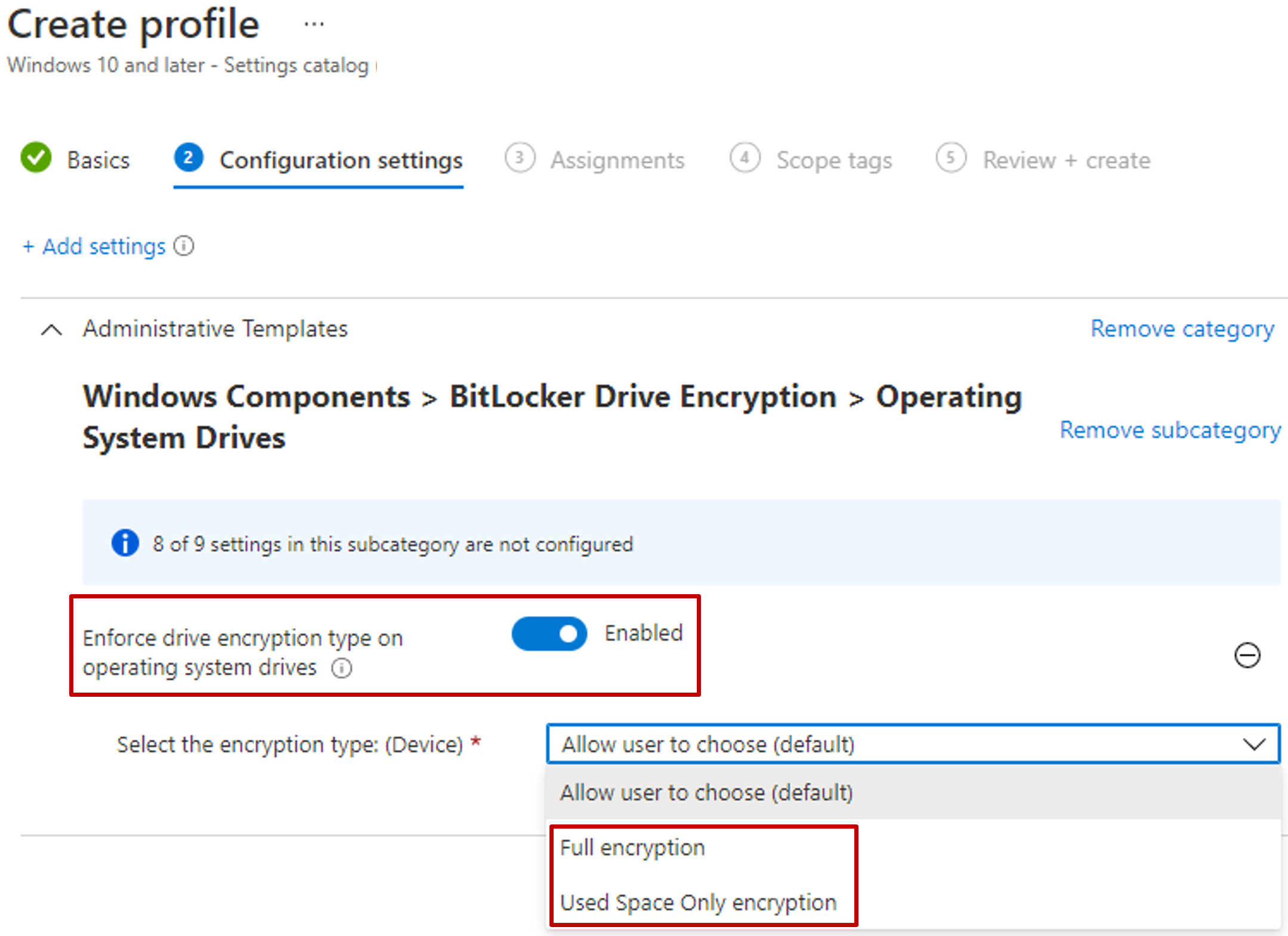 Captura de pantalla del catálogo de configuración de Intune que muestra la configuración del tipo de cifrado de la unidad de disco en las unidades del sistema operativo y la lista desplegable para seleccionar entre los tipos de cifrado completo o de solamente espacio utilizado.