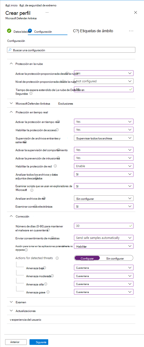 Captura de pantalla que muestra un ejemplo de un perfil de Antivirus de Microsoft Defender en Microsoft Intune.