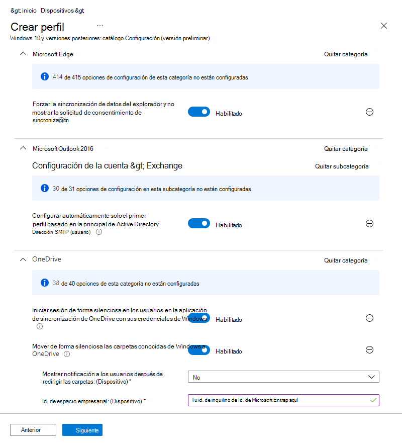 Captura de pantalla que muestra un ejemplo de un perfil de catálogo de configuración en Microsoft Intune.