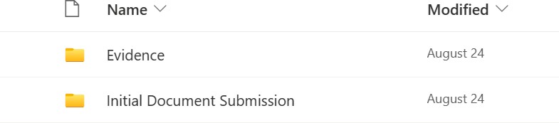 Una estructura de carpetas Carpetas raíz evidencia y envío inicial de documentos.