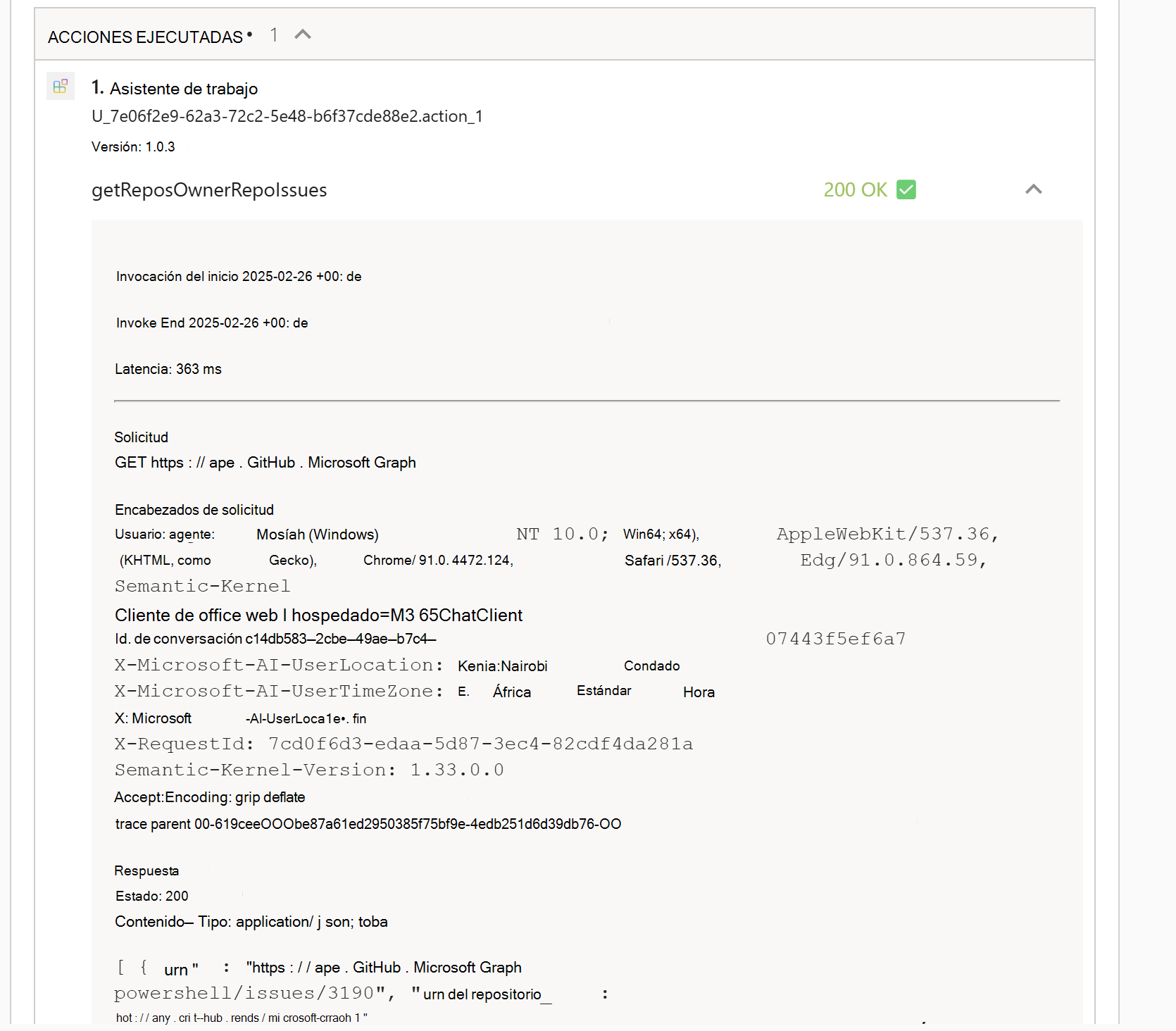 Captura de pantalla de Microsoft 365 Copilot sesión en la que Copilot ha devuelto una tarjeta con información de depuración que muestra las acciones ejecutadas