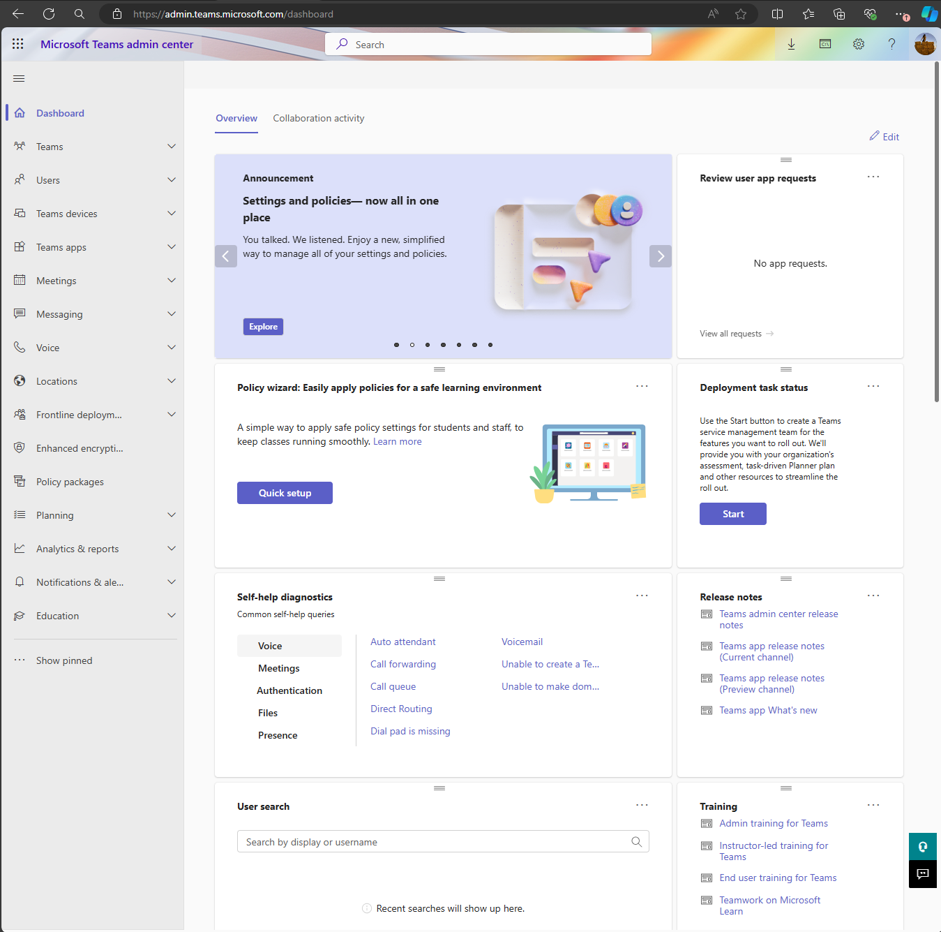 Captura de pantalla que muestra el Centro de administración de Microsoft Teams.
