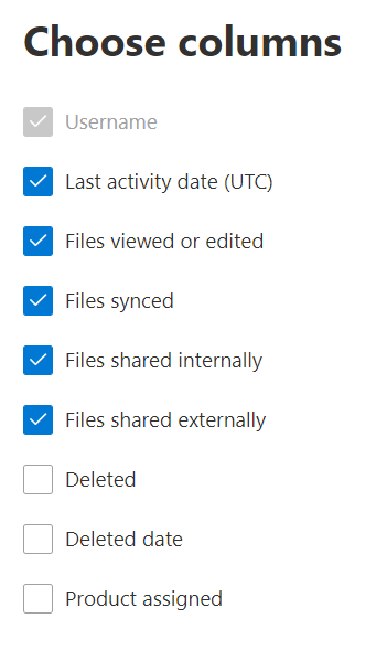 Informe de actividad de OneDrive: elija columnas.
