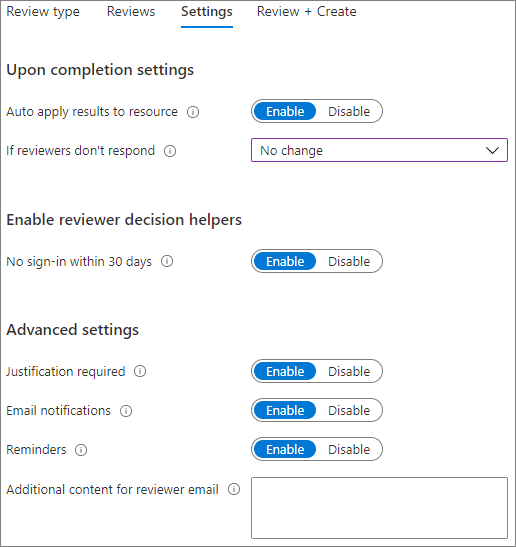 Captura de pantalla de Microsoft Entra pestaña configuración de revisión de acceso.
