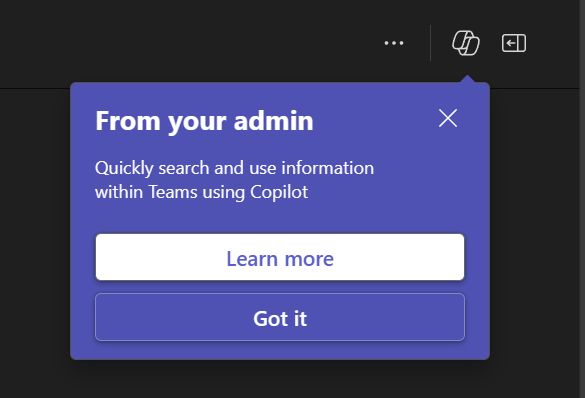 Captura de pantalla que muestra la ventana emergente de notificación en Teams del administrador para usar Copilot.