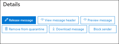 Los botones disponibles en los detalles del mensaje en cuarentena si la directiva de cuarentena concede al usuario permisos de acceso completo