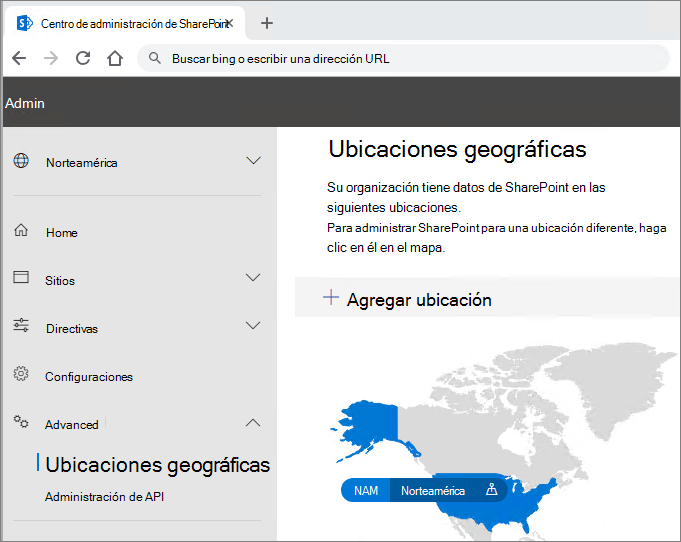 Captura de pantalla de la página de ubicaciones geográficas en el Centro de administración de SharePoint.