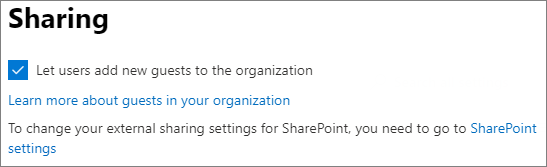 Captura de pantalla de la configuración de uso compartido de invitados de seguridad y privacidad en el Centro de administración de Microsoft 365.