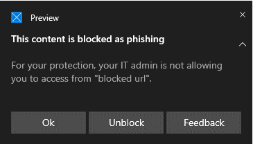 Muestra una notificación de advertencia de contenido de phishing de protección de red.