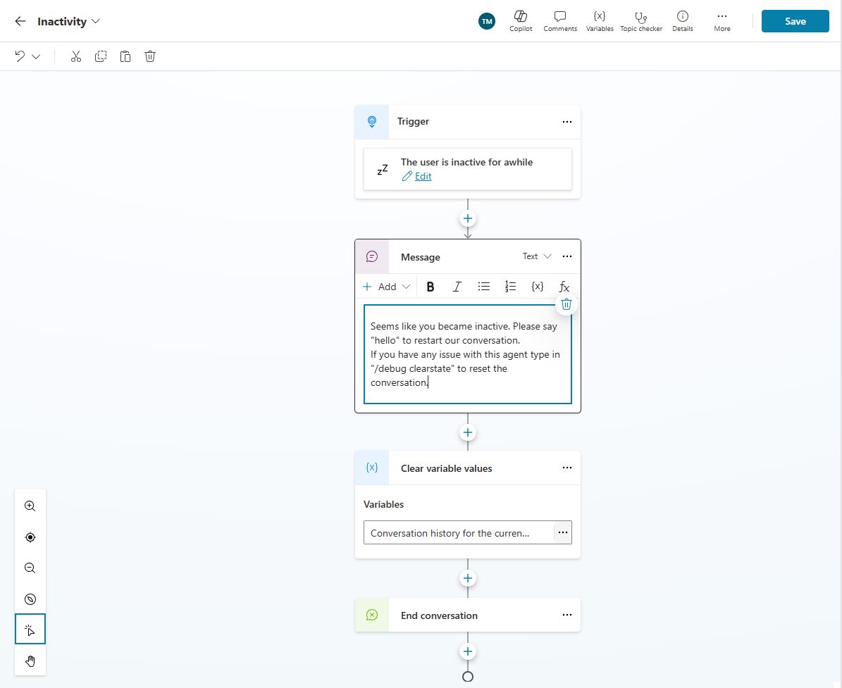 Captura de pantalla del editor de temas de Copilot Studio que muestra un flujo de trabajo de reinicio por inactividad con los nodos de desencadenador, mensaje, borrar valores de variables y finalización de la conversación.