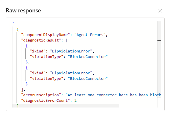 Captura de pantalla del panel de respuesta en bruto que muestra las violaciones de la directiva de datos como un literal JSON.