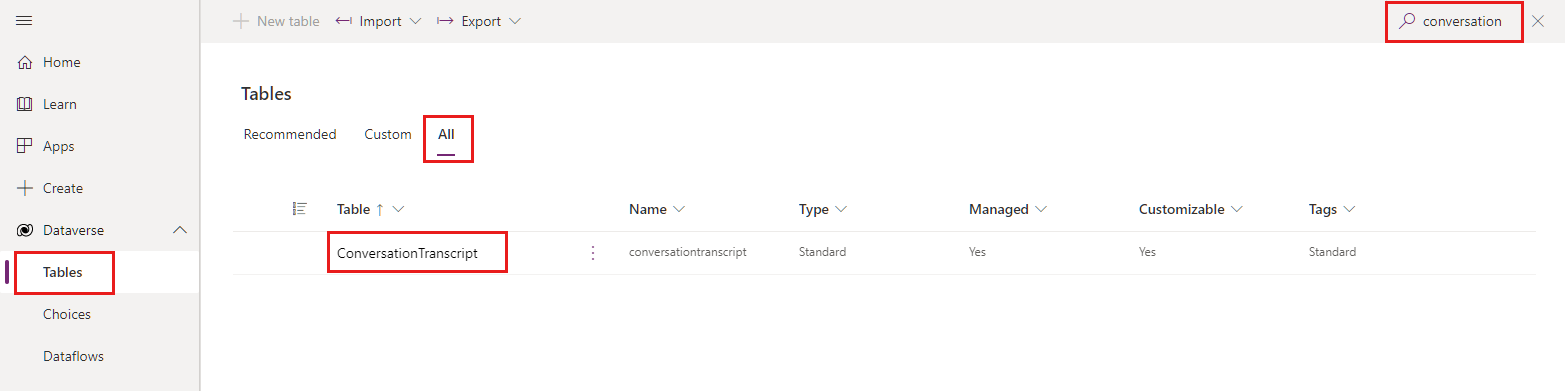 Captura de pantalla de la página Tablas de Power Apps con la tabla Transcripción de conversaciones resaltada.