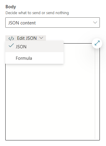 Captura de pantalla de contenido JSON seleccionado para el tipo de contenido del cuerpo.