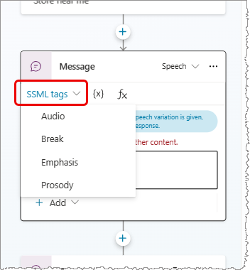Captura de pantalla de etiquetas SSML en un mensaje de voz.
