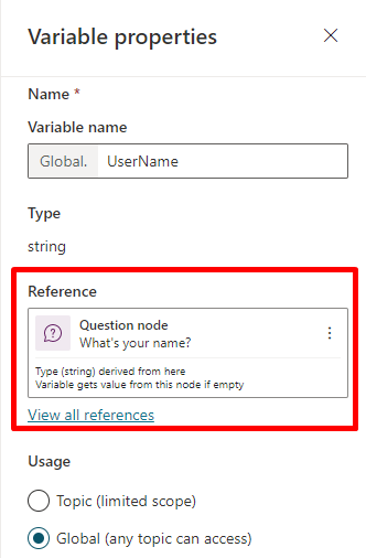 Captura de pantalla que muestra la lista de temas utilizados por una variable en el panel Propiedades de variable.