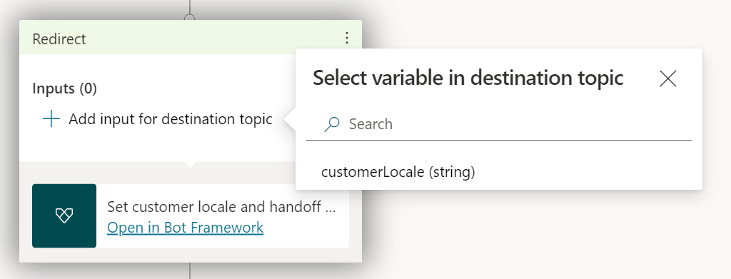 Agregue una configuración regional de Establecer cliente y transfiera a la acción Plataforma omnicanal para Customer Service a un nodo en Microsoft Copilot Studio.