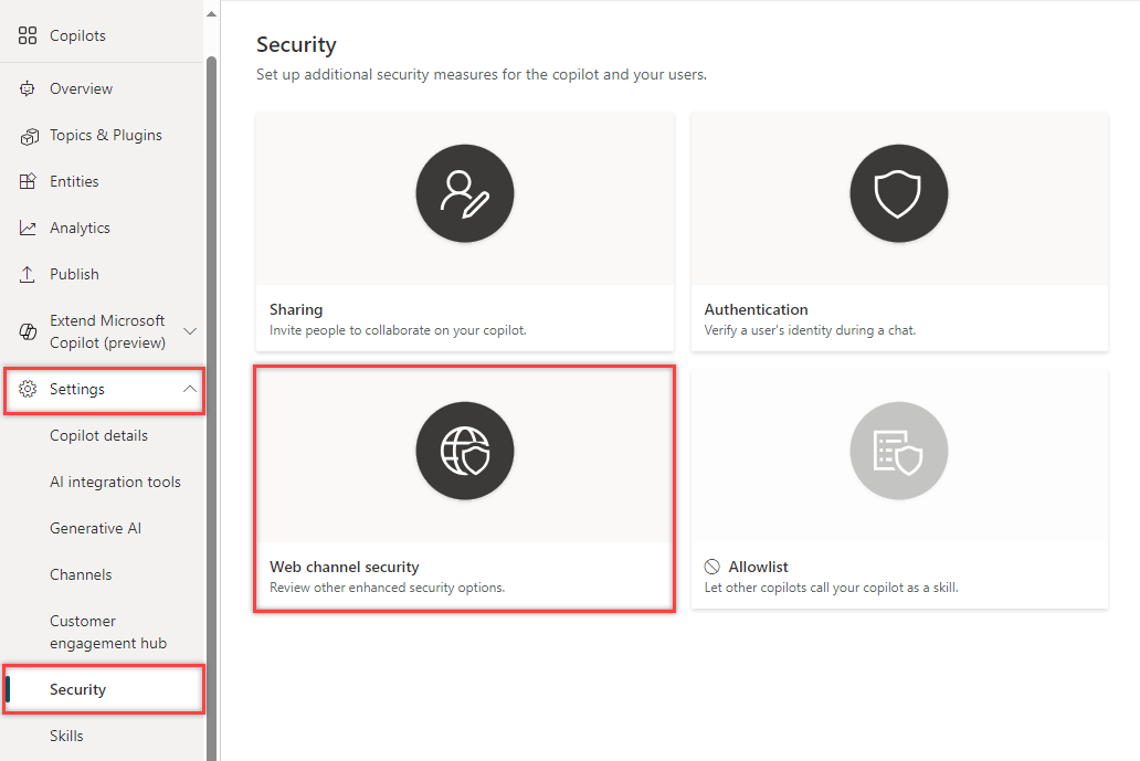 Captura de pantalla que muestra resalta la seguridad de canales web en el control flotante Configuración.