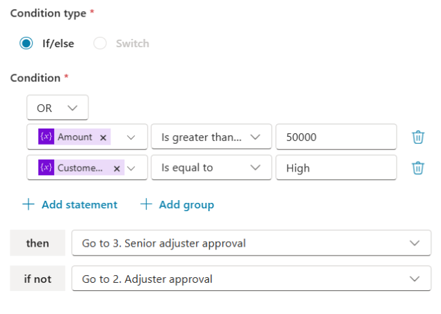 Captura de pantalla de la configuración de la declaración de condición en el visor multietapa, mostrando cómo añadir y configurar condiciones para el enrutamiento de aprobación.