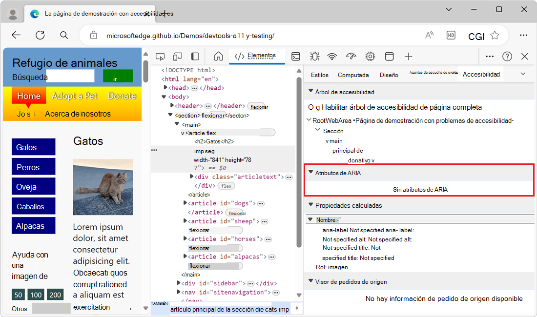 Sección Atributos de ARIA