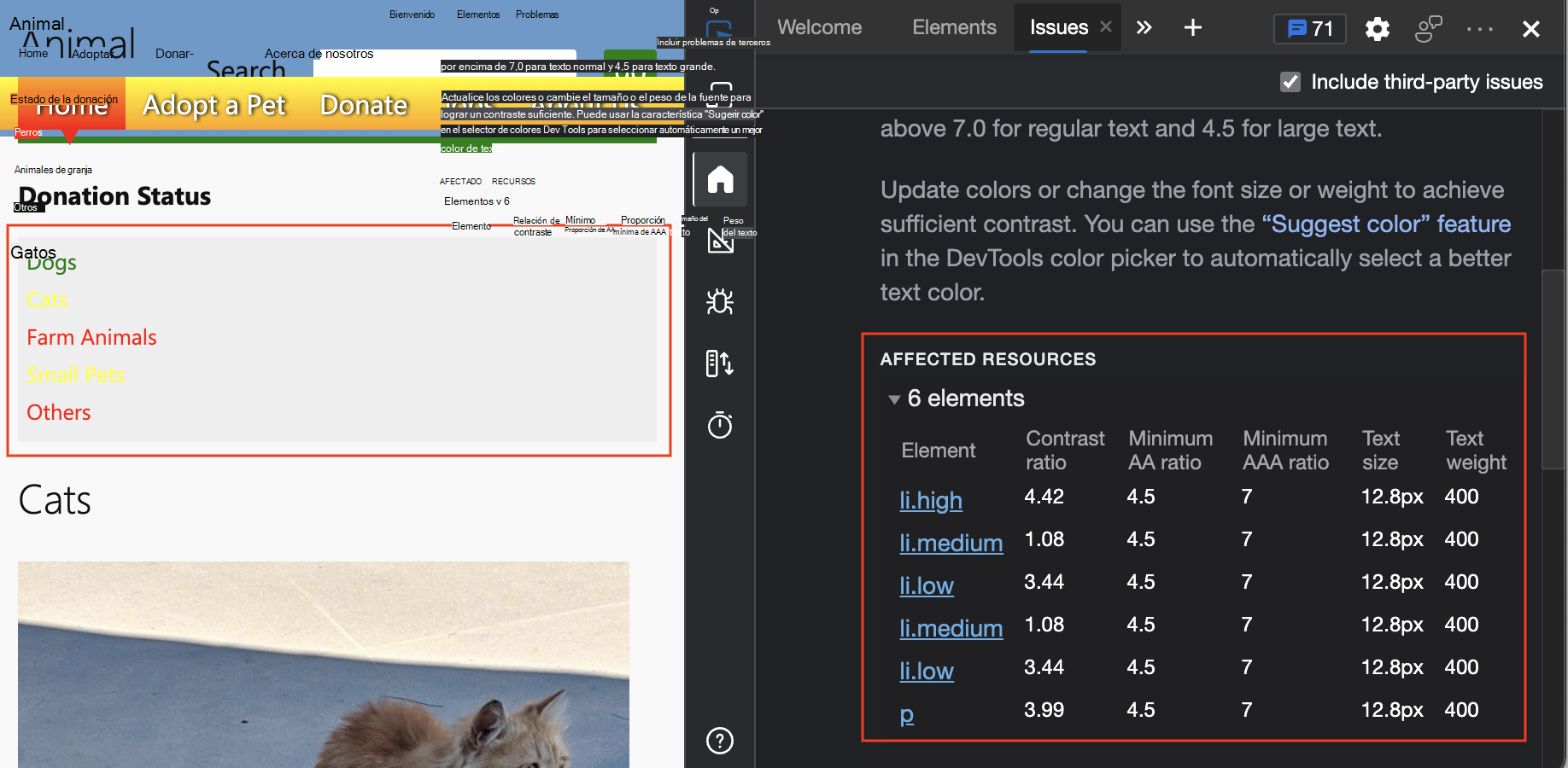 La sección Estado de la donación tiene problemas de contraste en modo ligero
