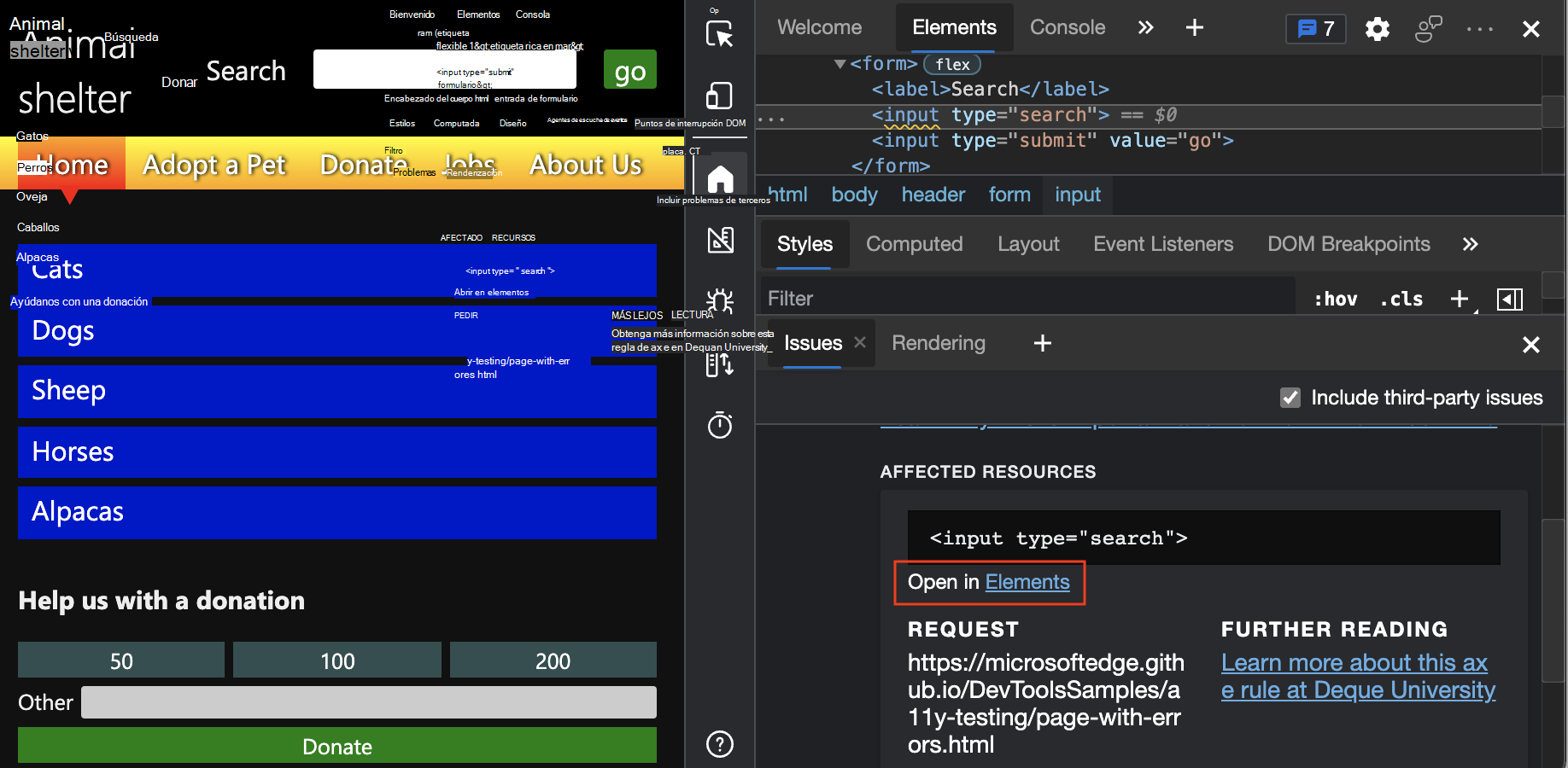 Herramienta Elements que muestra el HTML problemático después de hacer clic en el vínculo de la herramienta Problemas